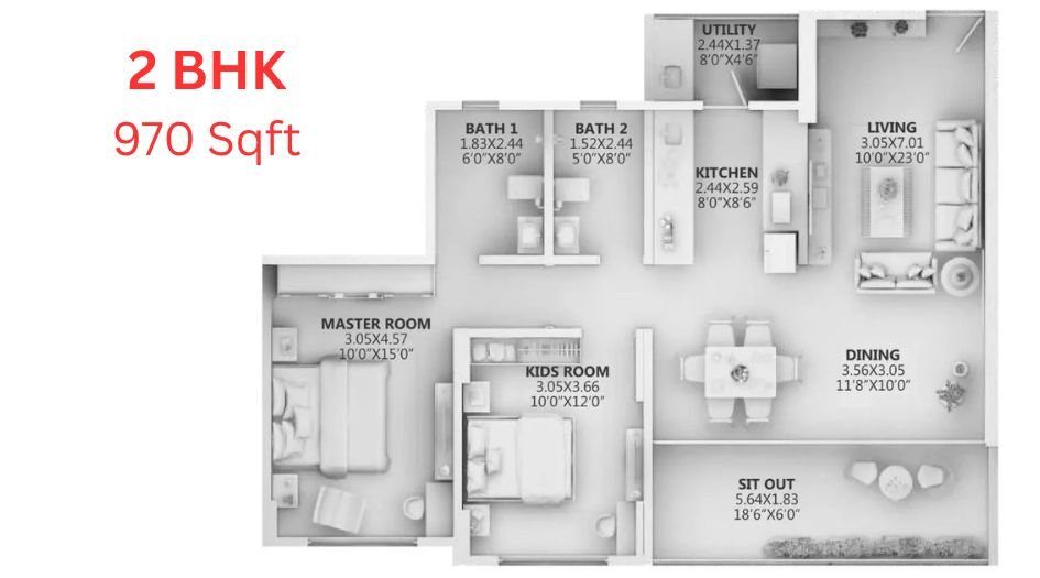 Ganga-Arcadia-Floor-Plan-2 BHK-970Sqft